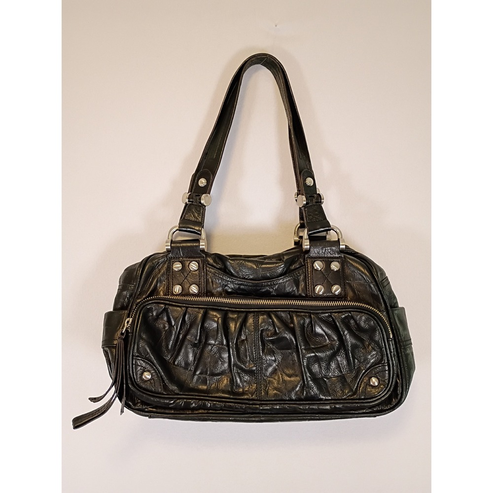 Edgy B. Makowsky Womens Black Leather Studded Leopard Lining Shoulder Bag